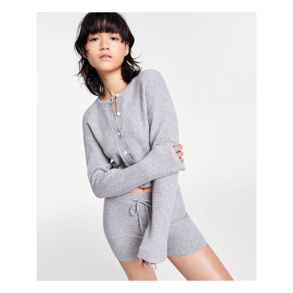 NIA Womens Gray Rib-knit Trim Long Sleeve Wear To Work Button Up Sweater L